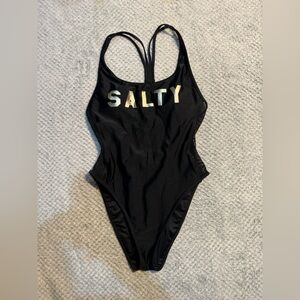 Forever 21 Black One Piece with Gold 'SALTY' Print